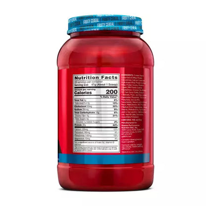 Red supplement container with blue label showing nutrition facts on a white background