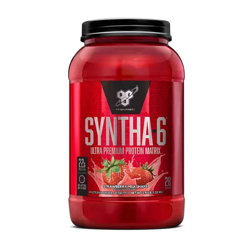 Red protein supplement container with black lid on a white background