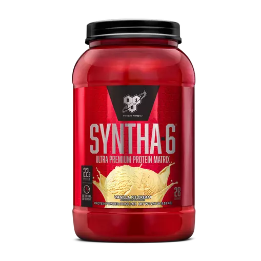 Red protein supplement container with 'Syntha-6' branding on a white background