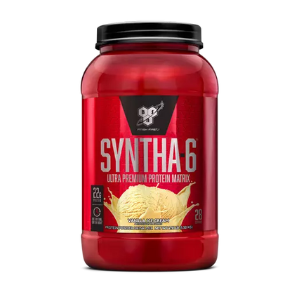 Red protein supplement container with 'Syntha-6' branding on a white background
