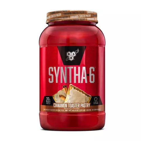 Red container of Syntha-6 protein powder with cinnamon toaster pastry flavor on a white background .