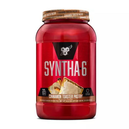 Red container of Syntha-6 protein powder with cinnamon toaster pastry flavor on a white background .