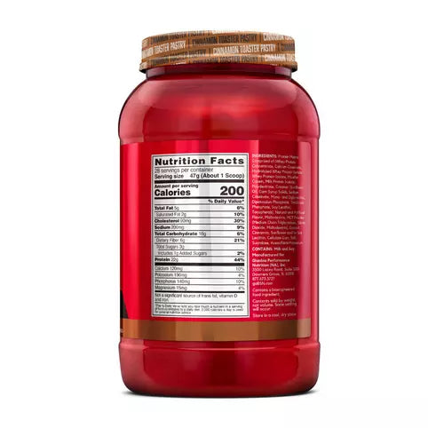 Red supplement container with nutrition facts label on a white background