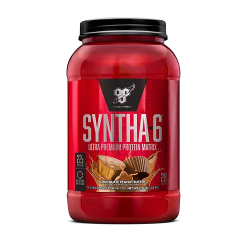 Red protein supplement container with 'Syntha-6' branding on a white background