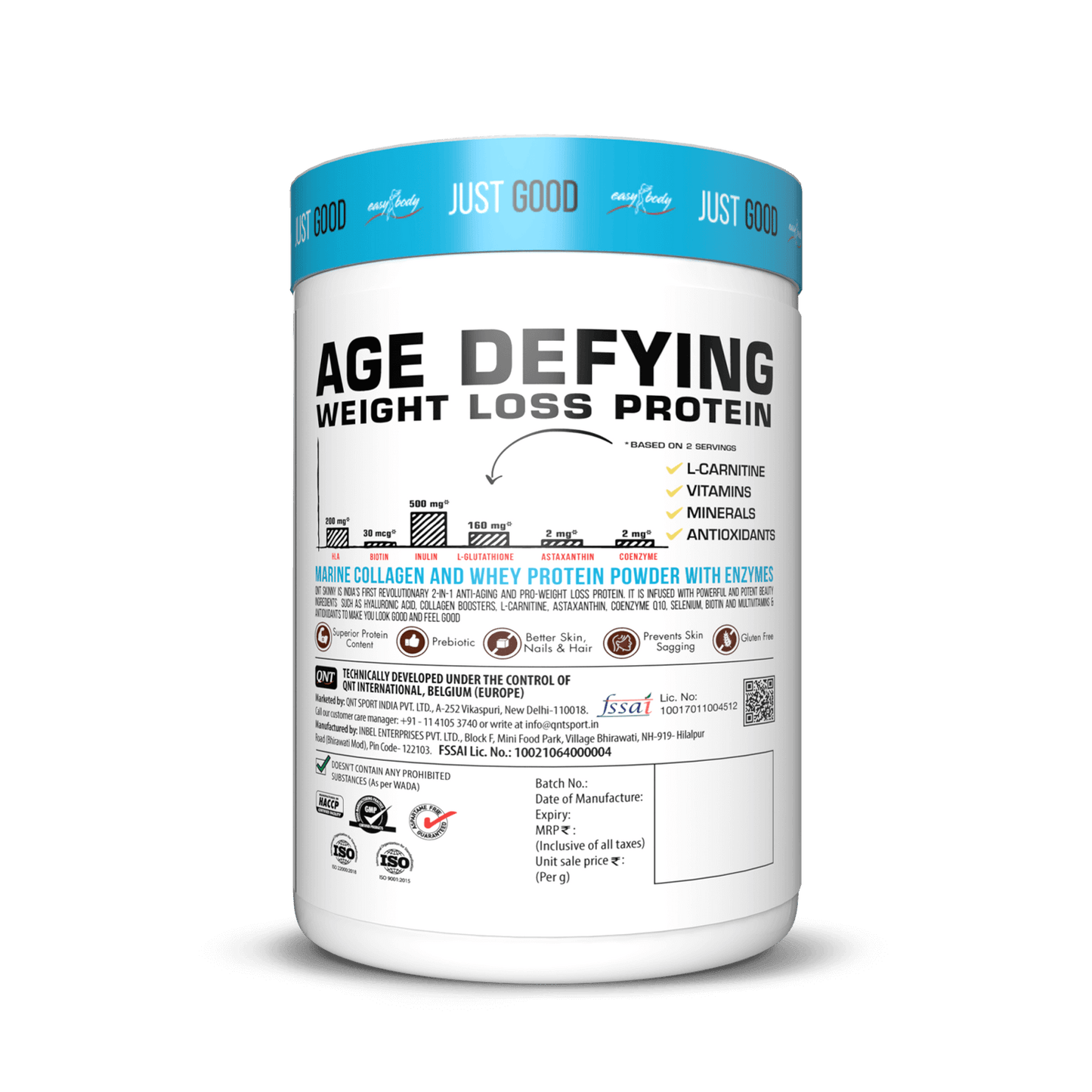 Protein powder container labeled 'Age Defying Weight Loss Protein' on a black background