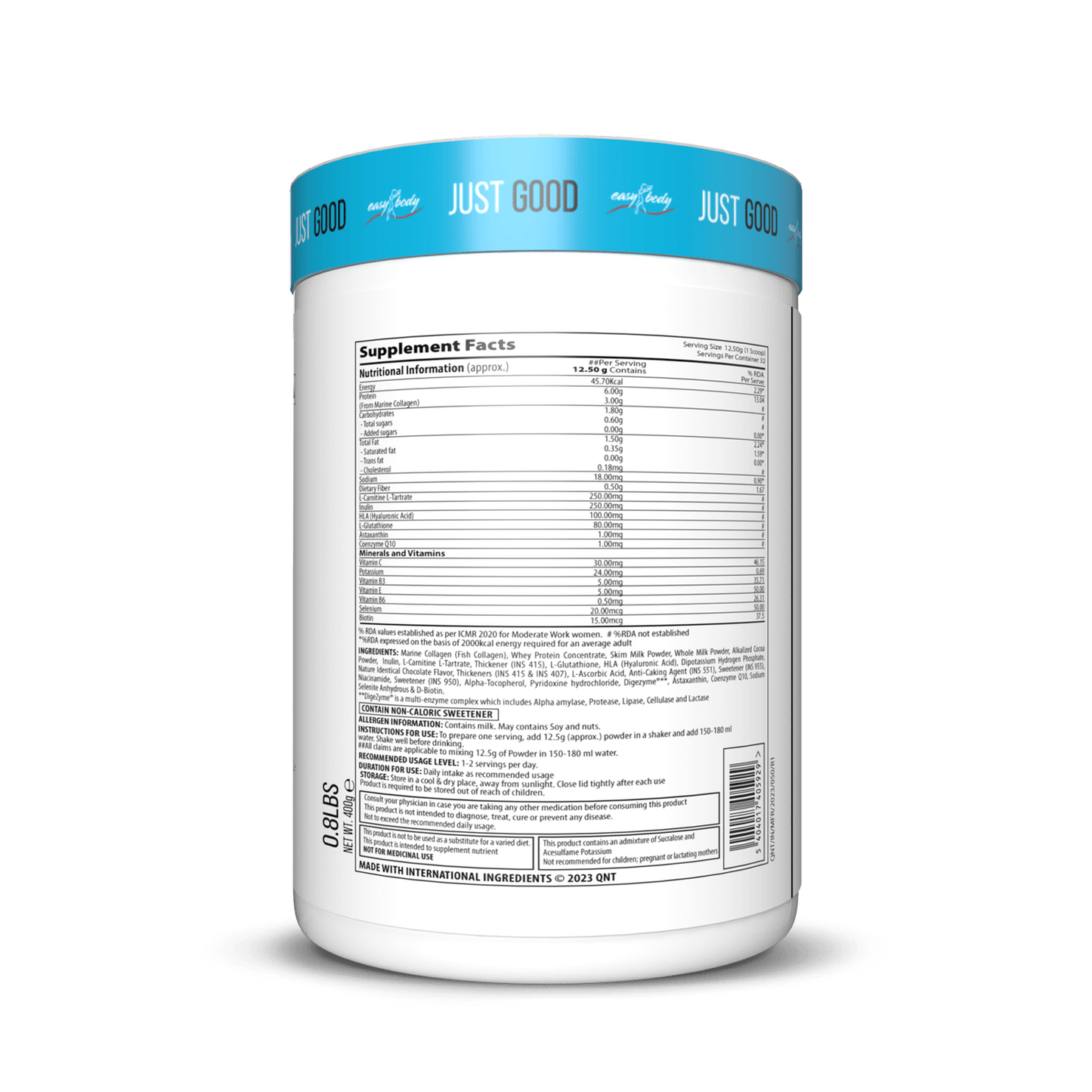Supplement container with blue lid and nutritional label on a white background