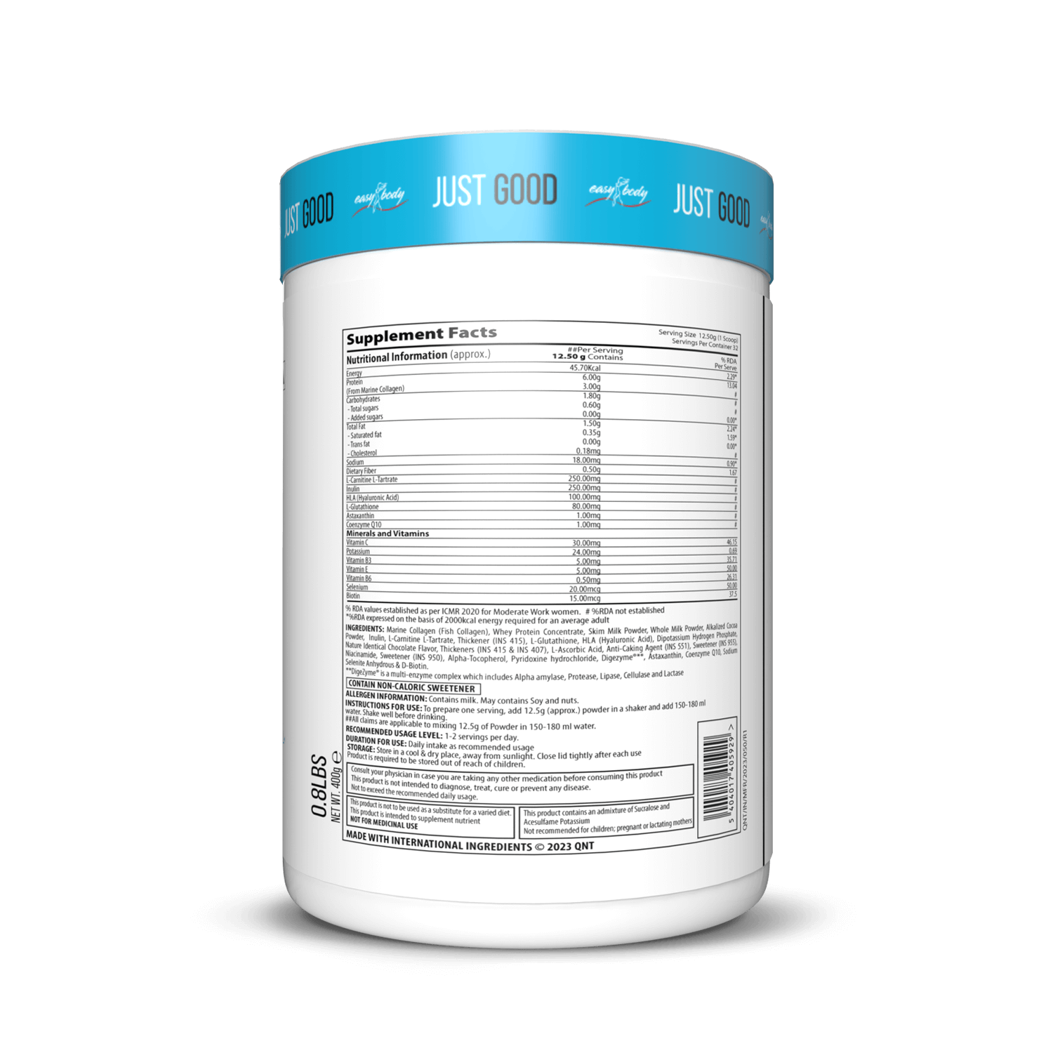 Supplement container with blue lid and nutritional label on a white background