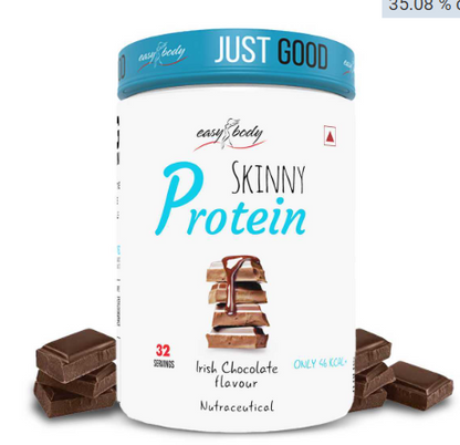 Container of easy body Skinny Protein with chocolate bars on a white background