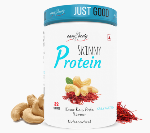 Protein powder container with cashews and saffron on a white background
