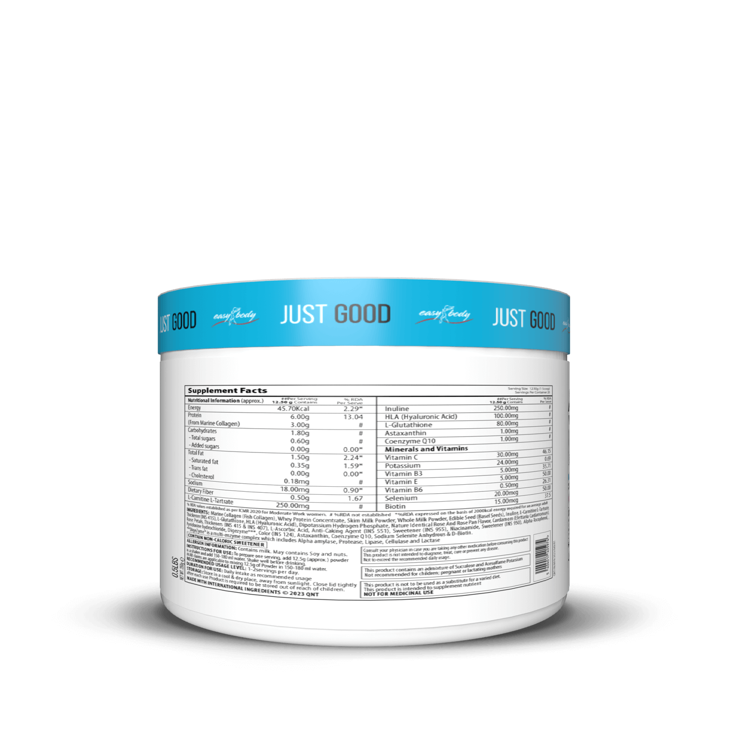 Container with 'JUST GOOD' label on a black background