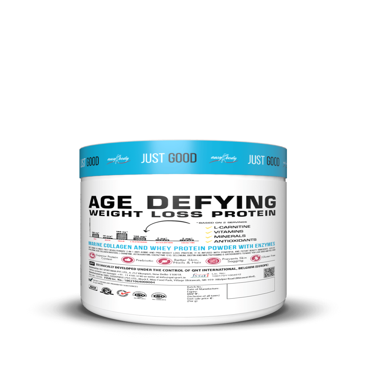 Protein powder container labeled 'Age Defying Weight Loss Protein' on a black background
