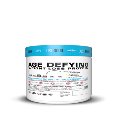 Protein powder container labeled 'Age Defying Weight Loss Protein' on a black background
