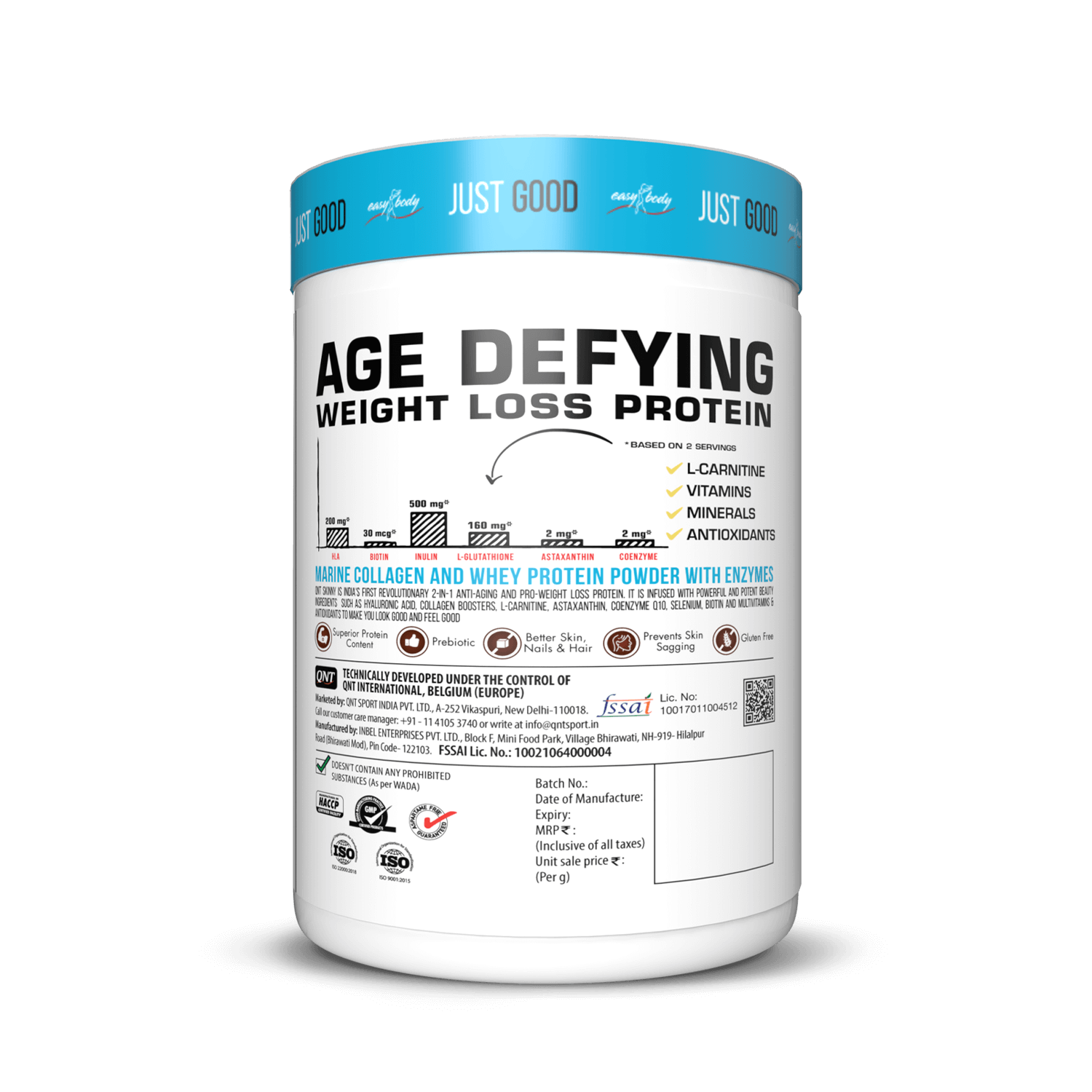 Protein powder container labeled 'Age Defying Weight Loss Protein' on a black background