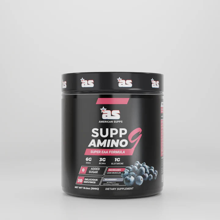 Supplement container labeled 'Supp Amino G' by American Supps on a gray background