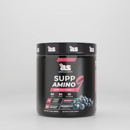 Supplement container labeled 'Supp Amino G' by American Supps on a gray background