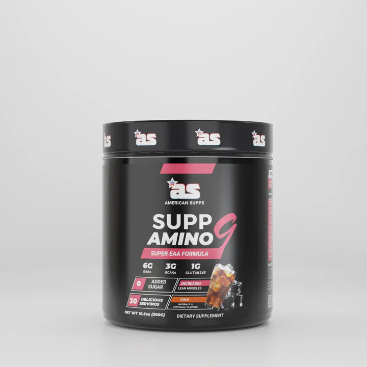 Black supplement container labeled 'Supp Amino' on a gray background
