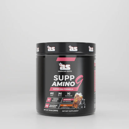 Black supplement container labeled 'Supp Amino' on a gray background