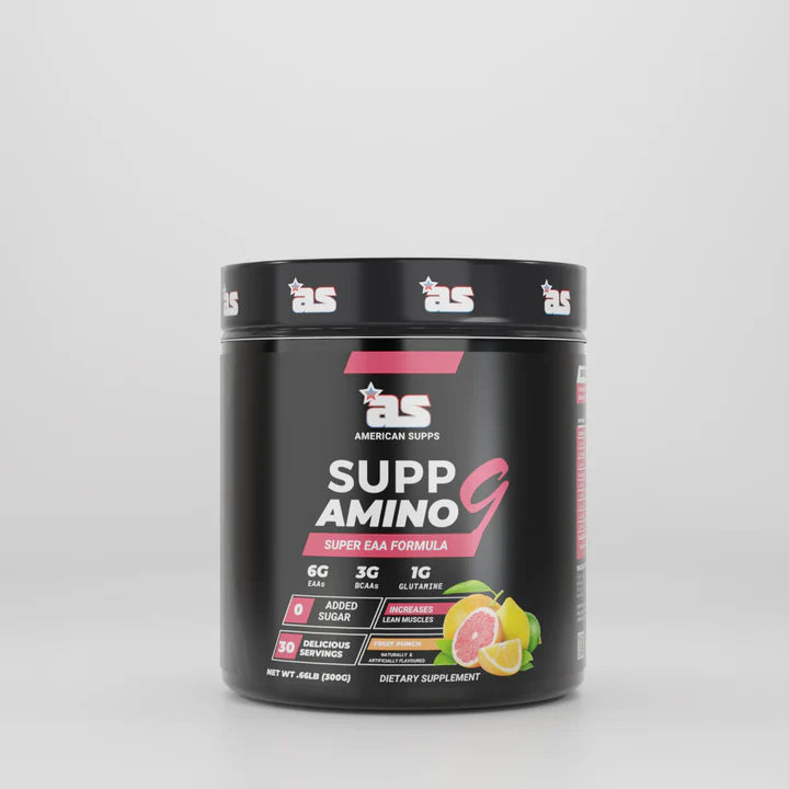 Black supplement container labeled 'Supp Amino' with a gray background