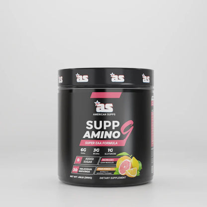 Black supplement container labeled 'Supp Amino' with a gray background