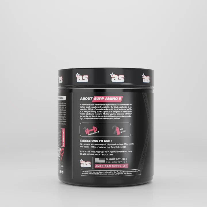 Black supplement container with white text on a gray background