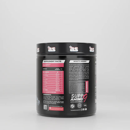 Supplement container labeled 'Supp Amino 9' with black and pink design on a white background