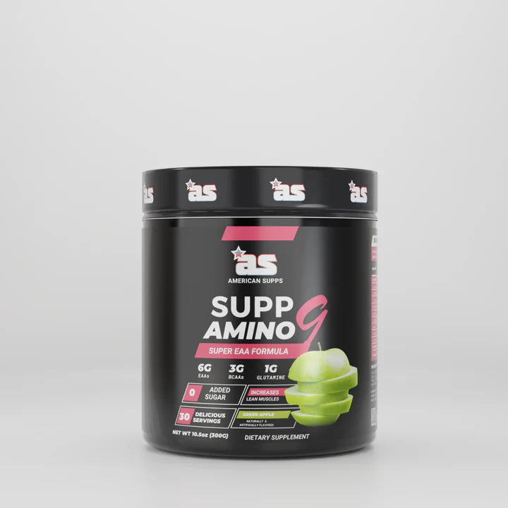 Supplement container labeled 'Supp Amino G' on a gray background