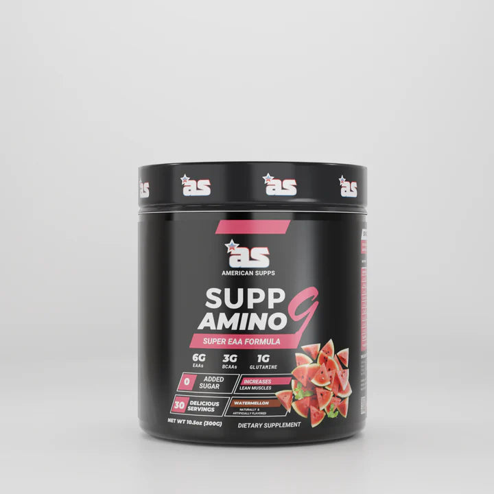 Supplement container labeled 'Supp Amino' with a watermelon flavor on a gray background