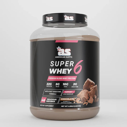 Container of American Supps Super 6 Whey protein powder on a white background
