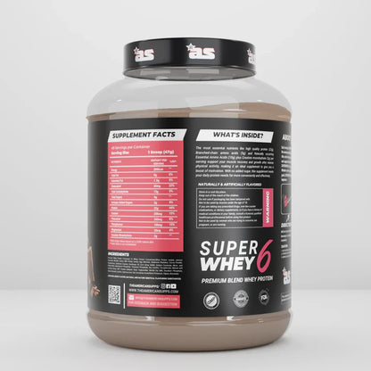 Super Whey 6 protein powder container with label on a white background
