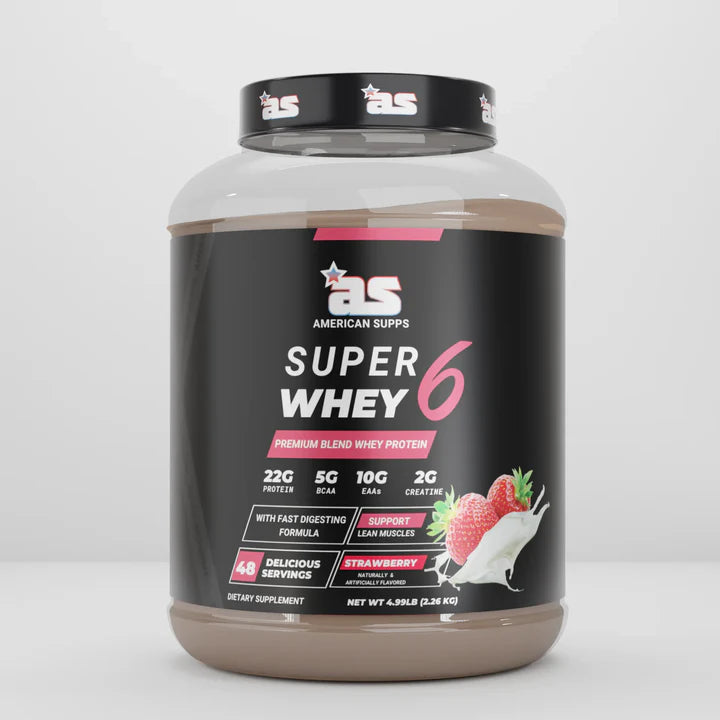 Super Whey 6 protein powder container with American Supps branding on a white background