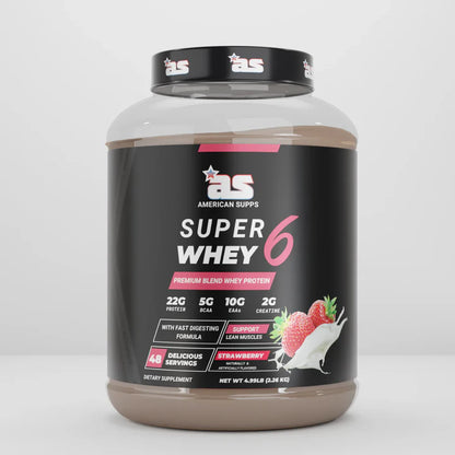 Super Whey 6 protein powder container with American Supps branding on a white background
