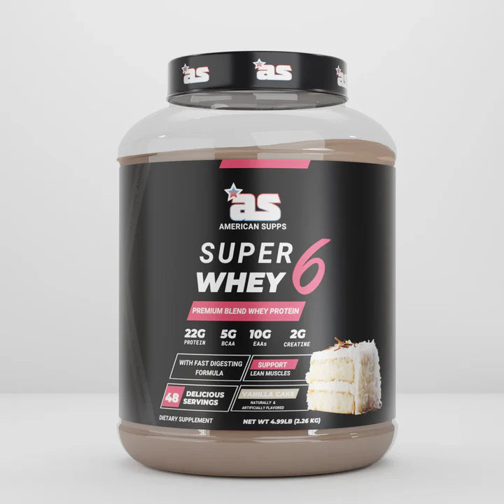 Super Whey 6 protein powder container with American Supps branding on a white background