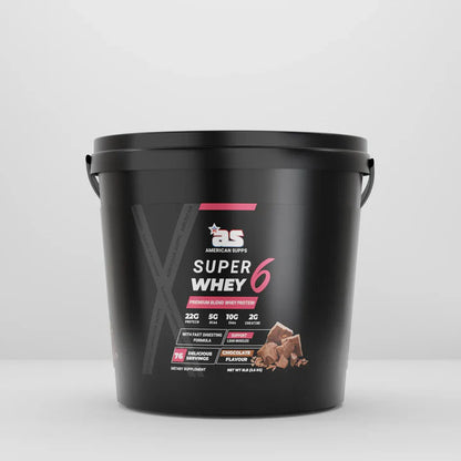 Black container of Super Whey 6 protein powder with a white background