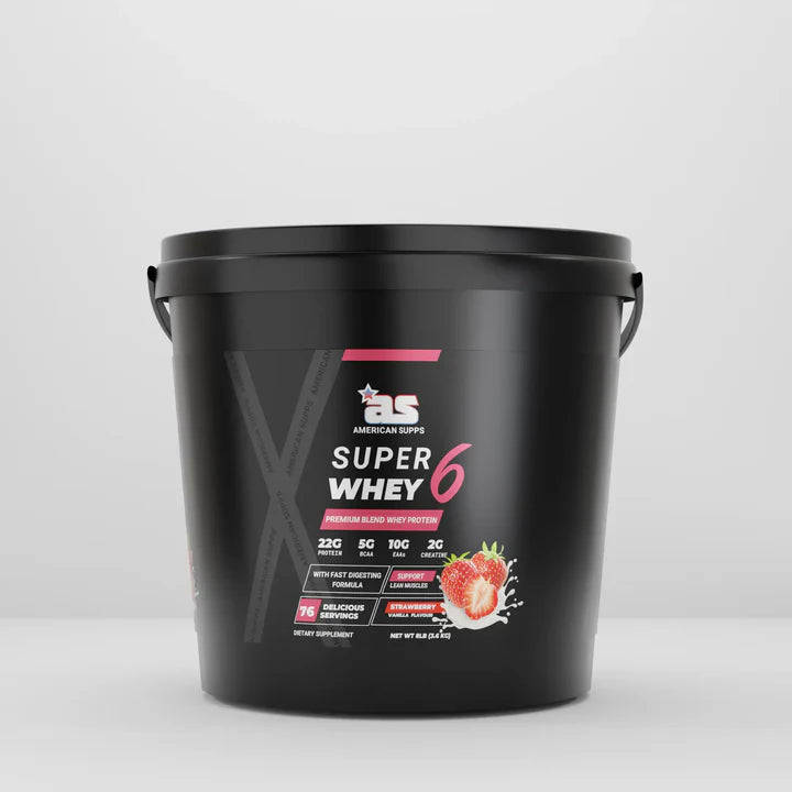Black container of Super Whey 6 protein powder with a white background