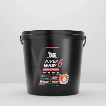 Black container of Super Whey 6 protein powder with a white background
