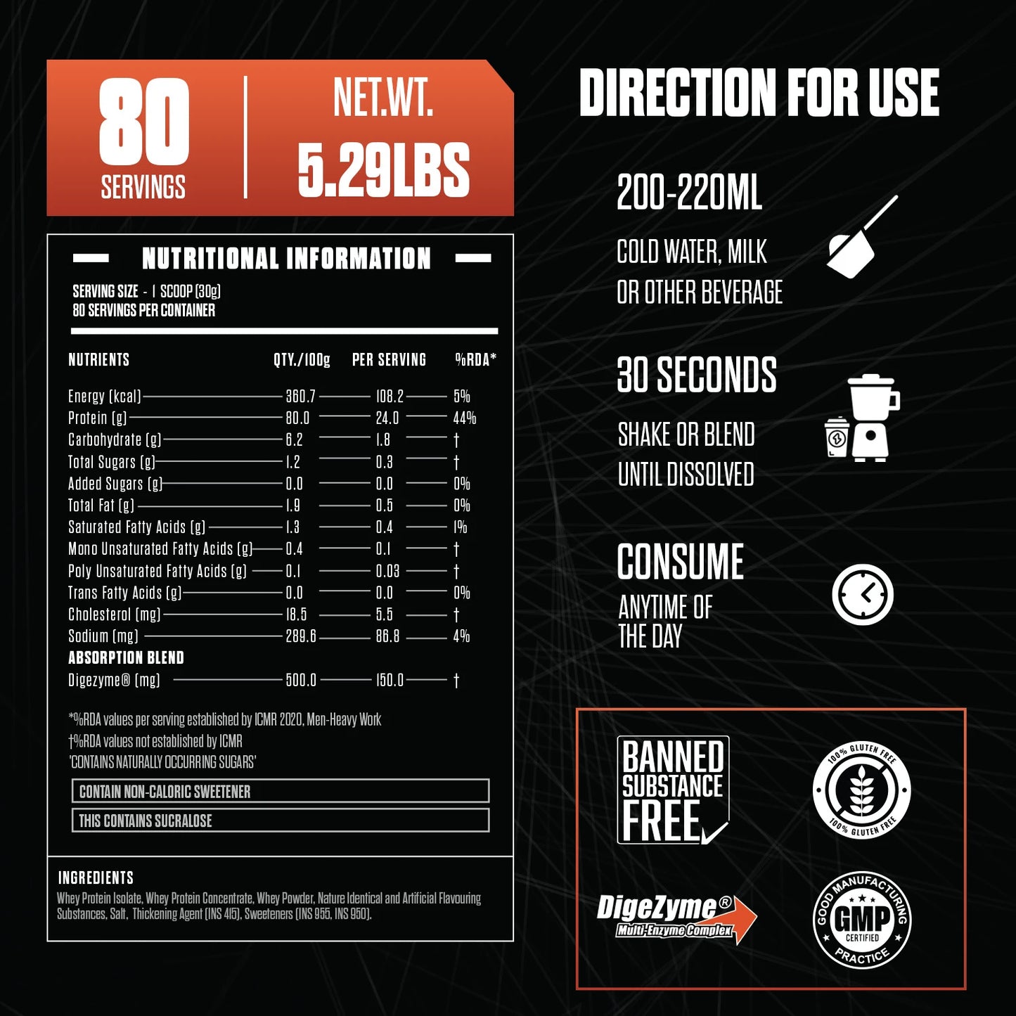 Nutritional label and directions for a supplement on a black background