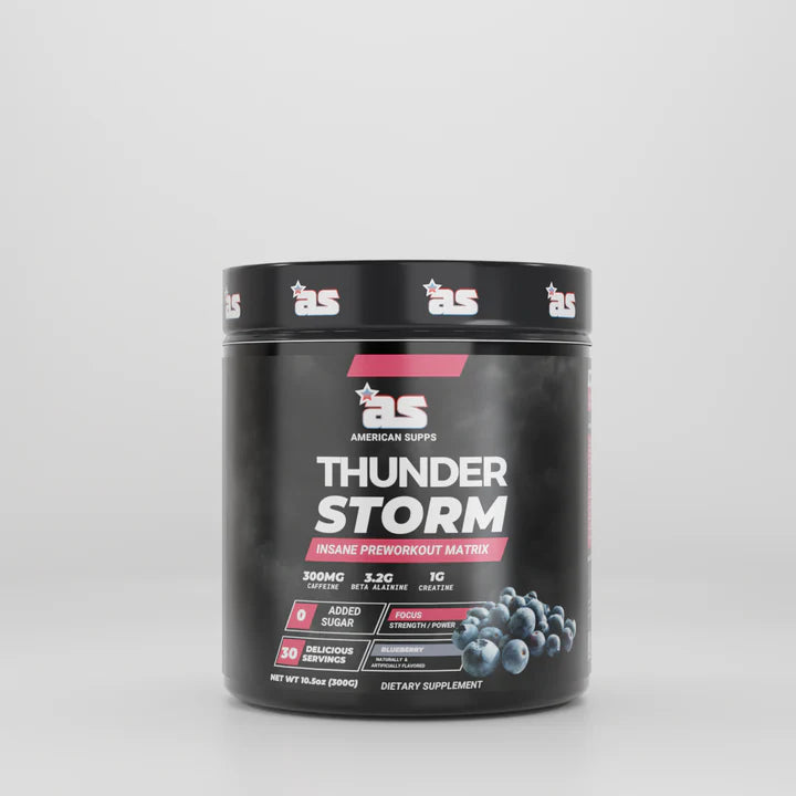 Black supplement container labeled 'Thunder Storm' on a light gray background