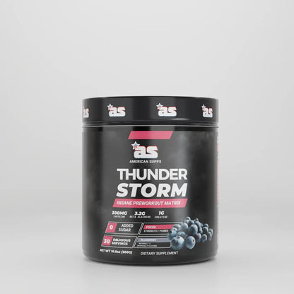 Black supplement container labeled 'Thunder Storm' on a light gray background