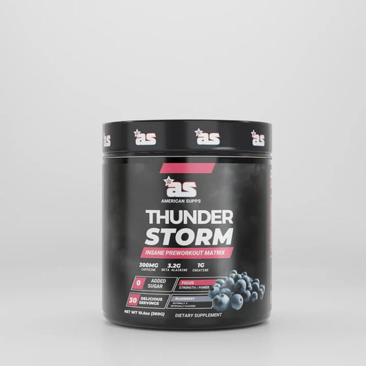Black supplement container labeled 'Thunder Storm' on a light gray background