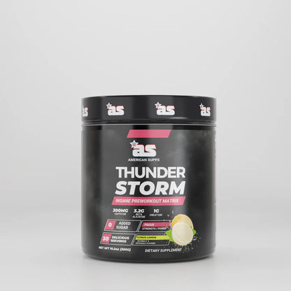 Black supplement container labeled 'Thunder Storm' on a light gray background