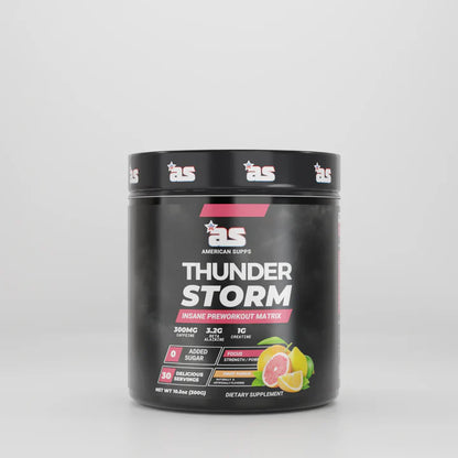 Black supplement container labeled 'Thunder Storm' on a white background