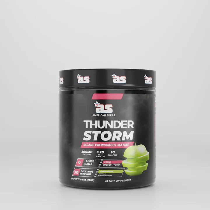 Black supplement container labeled 'Thunder Storm' on a white background