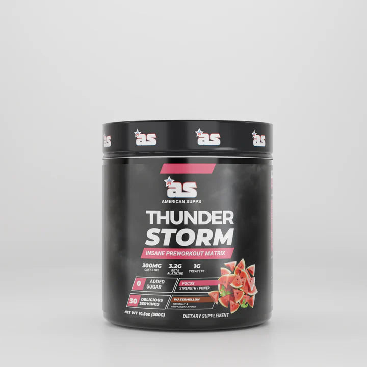 Black supplement container labeled 'Thunder Storm' on a light gray background