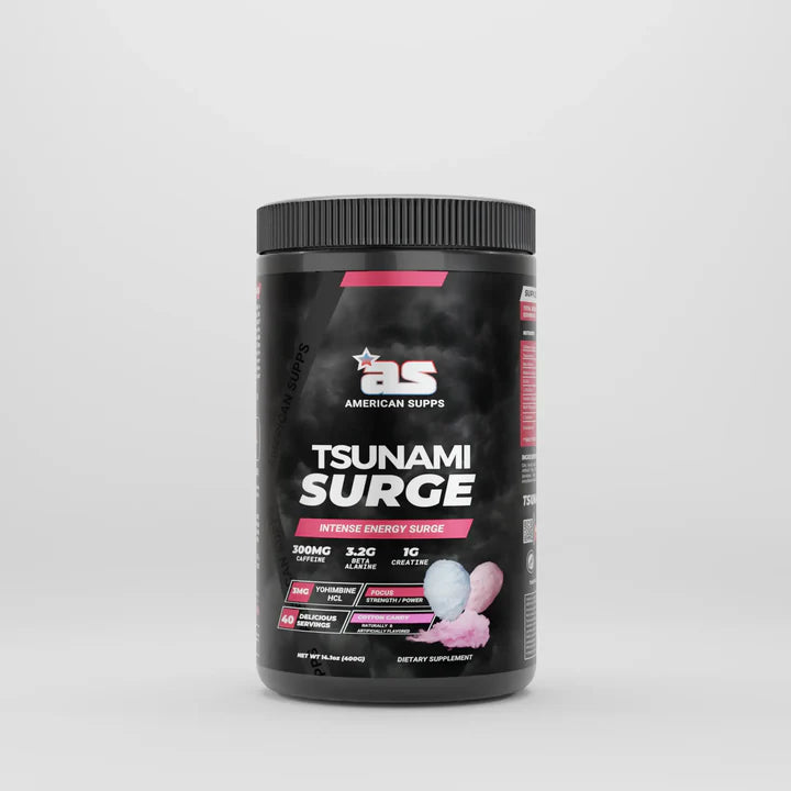 Supplement container labeled 'Tsunami Surge' by American Supps on a light gray background