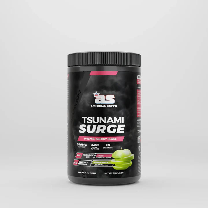 Supplement container labeled 'Tsunami Surge' by American Supps on a light gray background