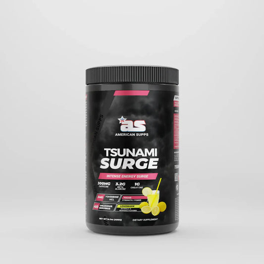 Supplement container labeled 'Tsunami Surge' by American Supps on a light gray background