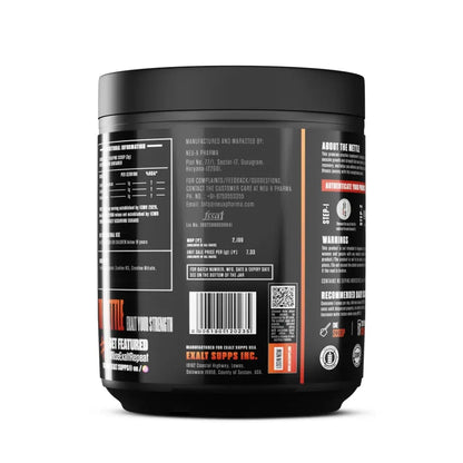 Black supplement container with detailed label on a white background