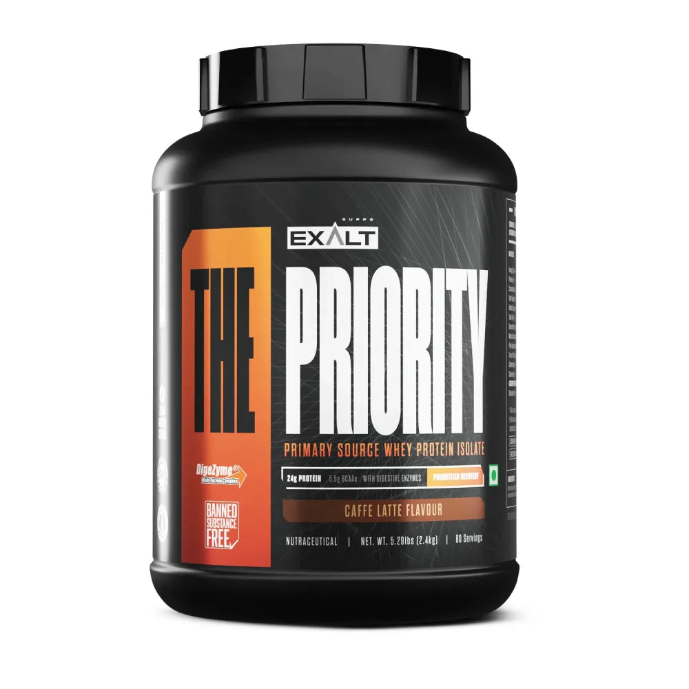 Exalt Protein Powder Container with Caffe Latte Flavour on a White Background