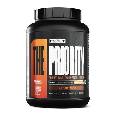 Exalt Protein Powder Container with Caffe Latte Flavour on a White Background