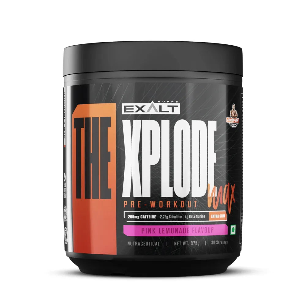 Exalt Pre-Workout supplement container with 'The Xplode' branding on a white background